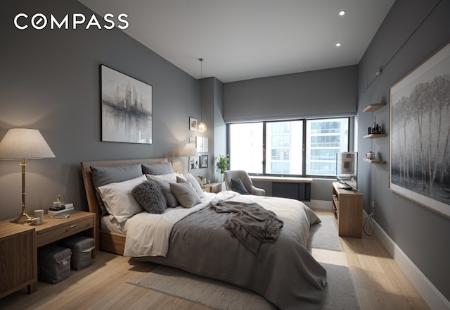 bedroom with light wood-style flooring, recessed lighting, and baseboards