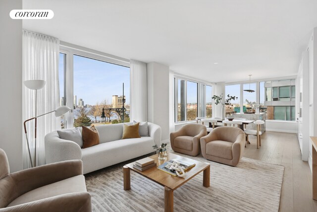 living room with plenty of natural light and light hardwood / wood-style flooring