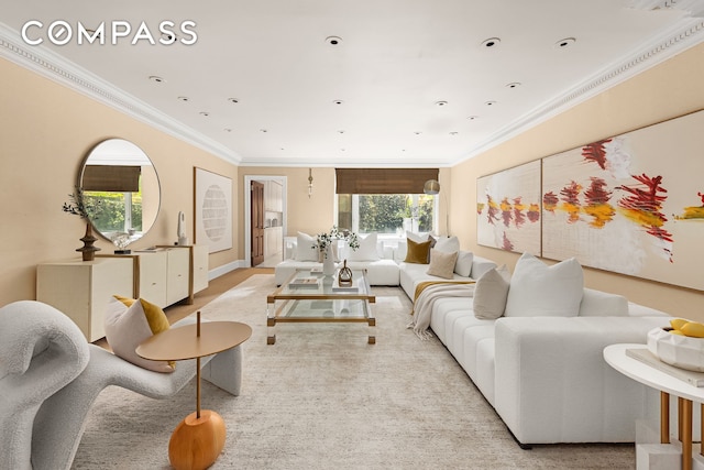 living area with ornamental molding