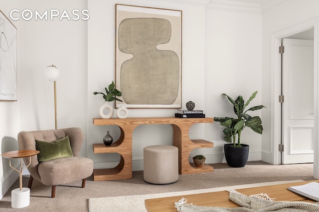 sitting room with ornamental molding, baseboards, and carpet flooring