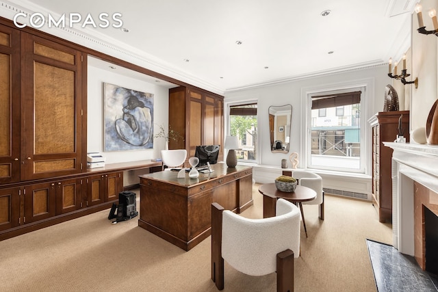 office with ornamental molding, a high end fireplace, light colored carpet, and visible vents