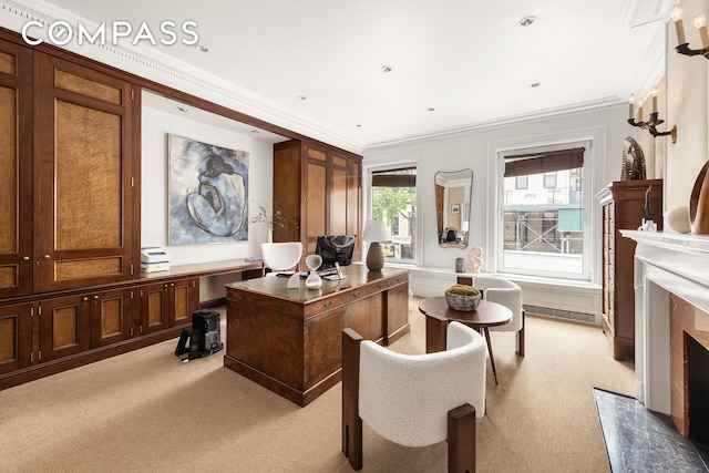 office area featuring light carpet, a high end fireplace, crown molding, and visible vents
