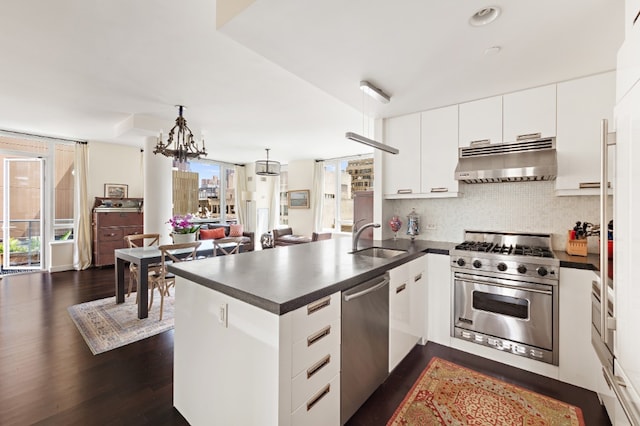 kitchen featuring stainless steel appliances, dark countertops, a sink, a peninsula, and extractor fan