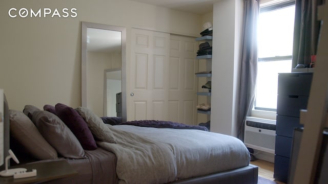 bedroom with wood finished floors and a closet