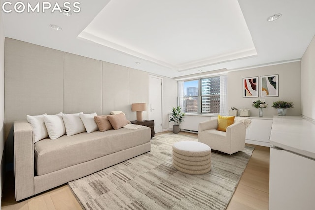 living room featuring a raised ceiling and light wood-type flooring