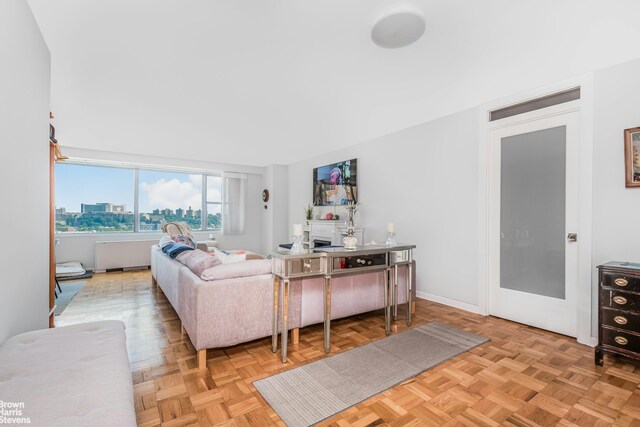 living room featuring a view of city