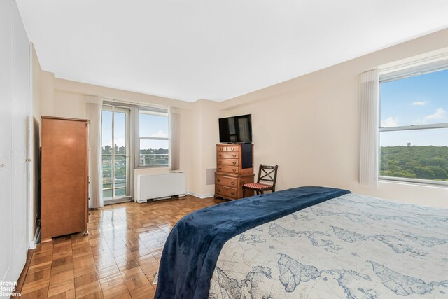 bedroom featuring radiator heating unit and multiple windows