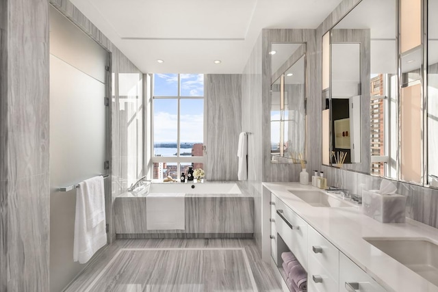 bathroom with floor to ceiling windows, a bathing tub, and vanity