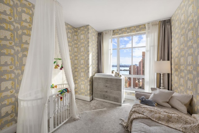 carpeted bedroom featuring a nursery area and a water view