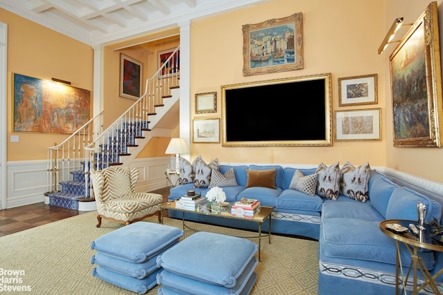 living room with ornate columns, coffered ceiling, wood-type flooring, crown molding, and beamed ceiling