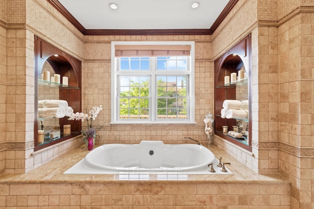 full bath with ornamental molding and a bath