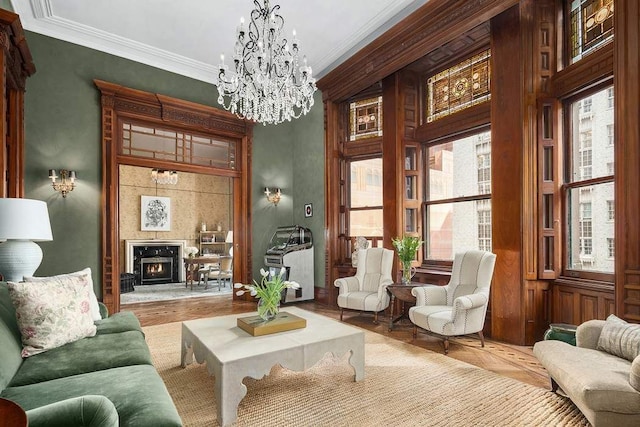 interior space with ornamental molding and a chandelier