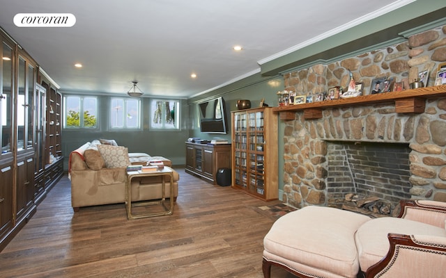 living room featuring crown molding and dark hardwood / wood-style floors