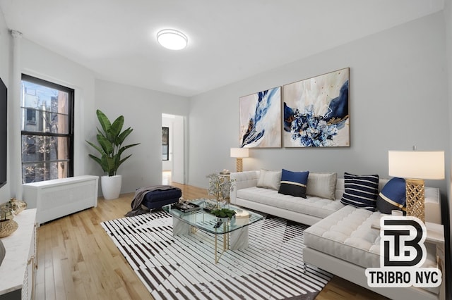 living room featuring hardwood / wood-style flooring and radiator