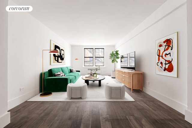 living area featuring radiator, baseboards, visible vents, and wood finished floors