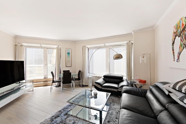 living room with crown molding and light hardwood / wood-style floors