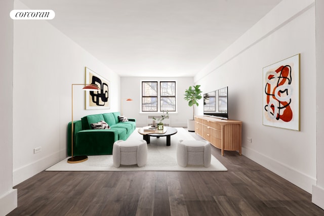 living room featuring dark wood-type flooring and radiator heating unit