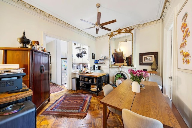 dining area with ceiling fan, parquet flooring, and ornamental molding