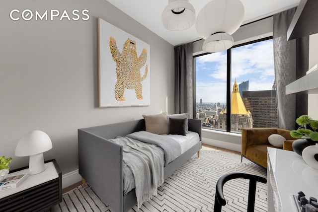 interior space featuring baseboards, a view of city, and wood finished floors