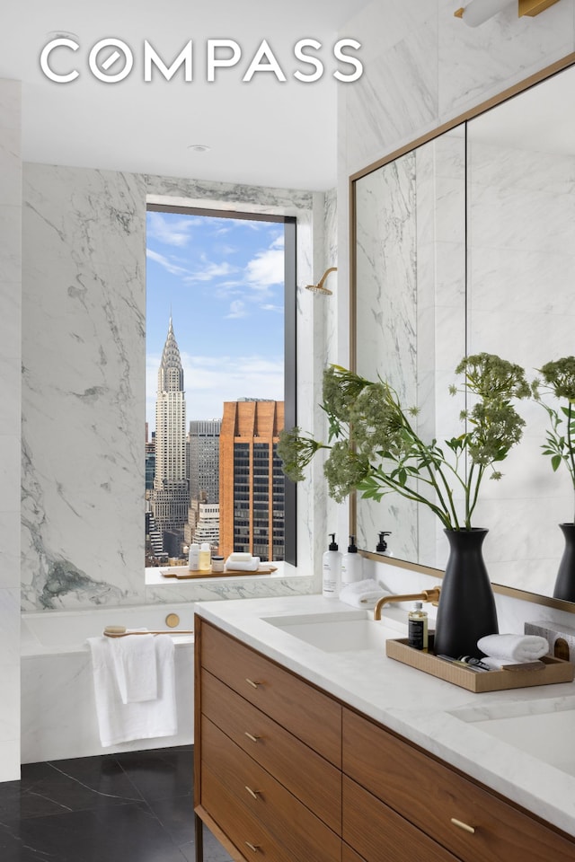 full bathroom featuring vanity, a city view, and a marble finish shower