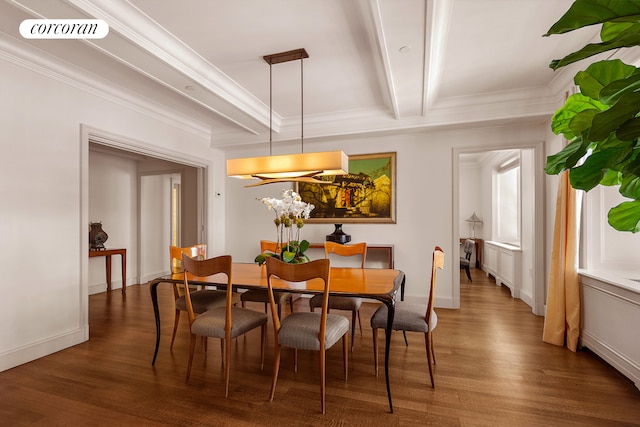 dining room featuring dark wood-type flooring, ornamental molding, and beamed ceiling