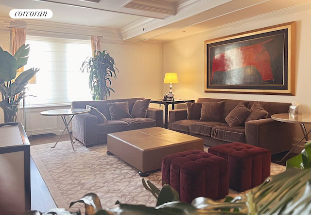 living room with beam ceiling and ornamental molding