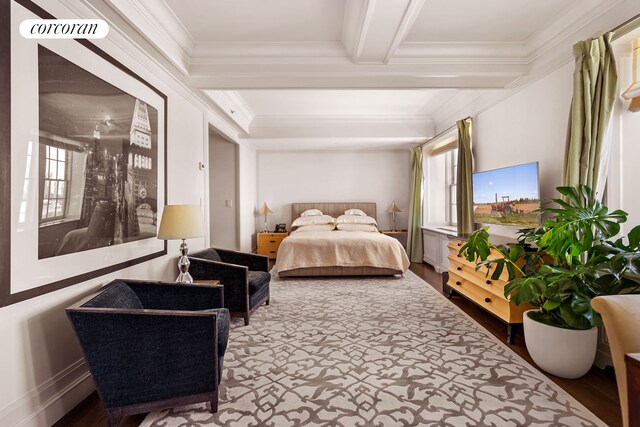 bedroom featuring hardwood / wood-style flooring, ornamental molding, and beamed ceiling