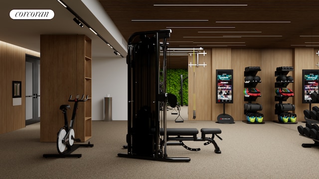 exercise room featuring wood walls and carpet flooring