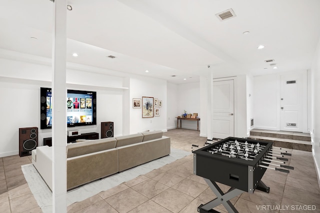 playroom with baseboards, visible vents, light tile patterned floors, and recessed lighting