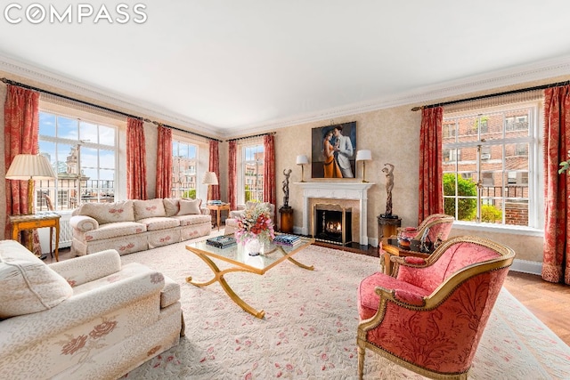 living room with light parquet floors and crown molding