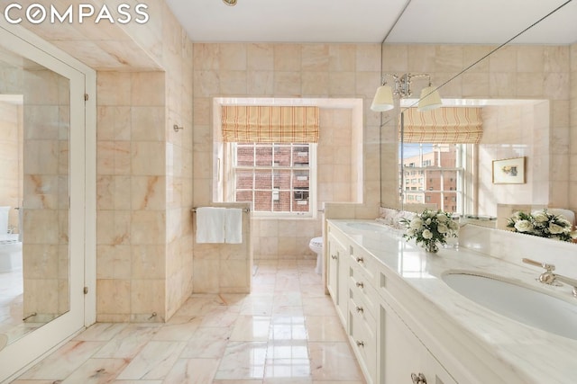 bathroom with tile walls, vanity, a wealth of natural light, and toilet