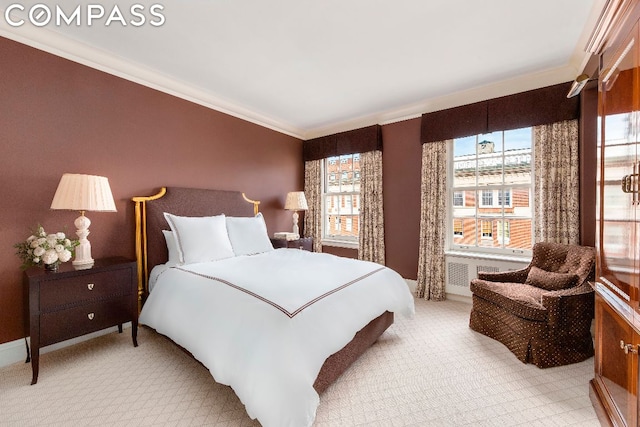 bedroom with crown molding, light carpet, and multiple windows