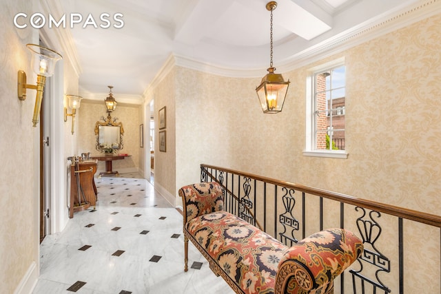 14 Sutton Pl S Pha, Pha, New York City, NY 10022 - hallway featuring crown molding, coffered ceiling, and beamed ceiling