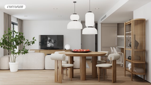 dining room with light wood-style flooring, visible vents, and recessed lighting