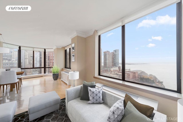 living room with expansive windows, ornamental molding, a healthy amount of sunlight, and hardwood / wood-style floors