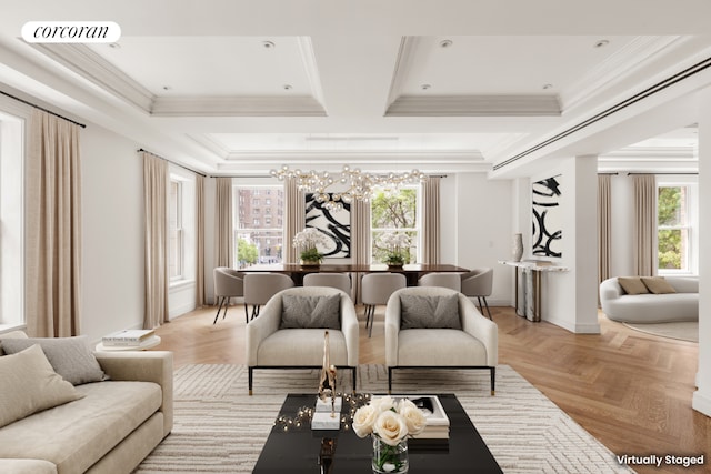 living room featuring light parquet flooring and ornamental molding