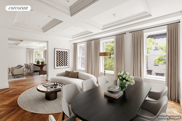 dining room featuring beamed ceiling, crown molding, coffered ceiling, and parquet floors