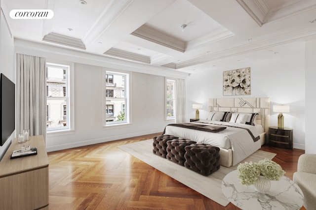 bedroom with baseboards, visible vents, beam ceiling, and ornamental molding