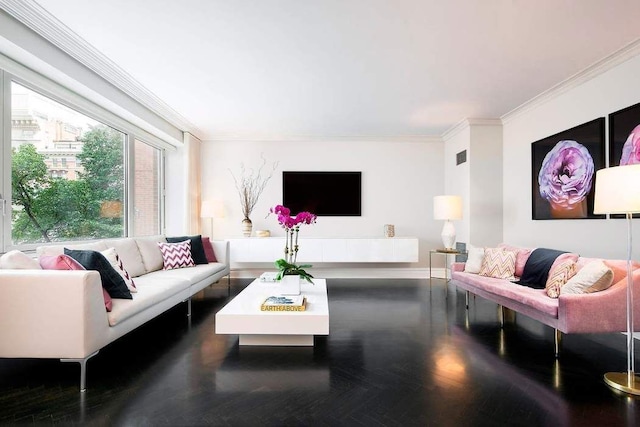 living area with ornamental molding and visible vents