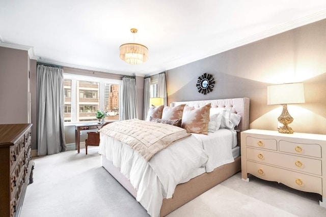 bedroom featuring light colored carpet, crown molding, and a notable chandelier