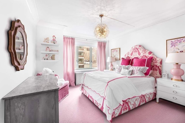 bedroom with crown molding, an inviting chandelier, and carpet floors