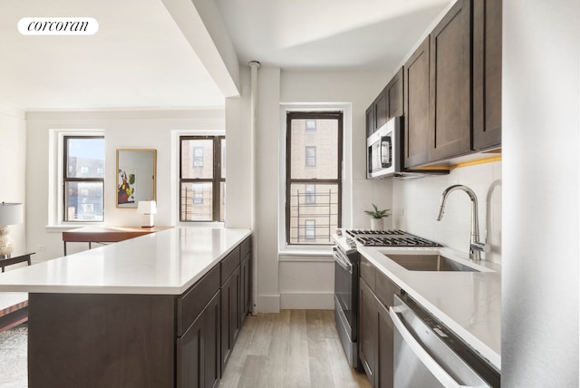 kitchen with sink, light hardwood / wood-style flooring, appliances with stainless steel finishes, dark brown cabinets, and tasteful backsplash