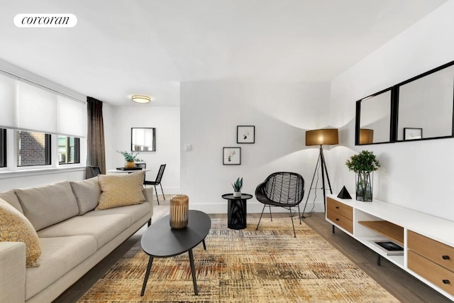 living room with dark hardwood / wood-style flooring