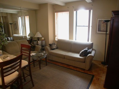 living area with beam ceiling