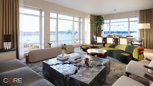 living room featuring a notable chandelier and a water view