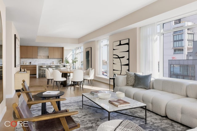 555 W 22nd St Unit Ph16Be, New York City, NY 10011 - living room featuring a raised ceiling, wood finished floors, baseboards, and a chandelier