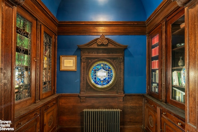 interior details with radiator and wood walls