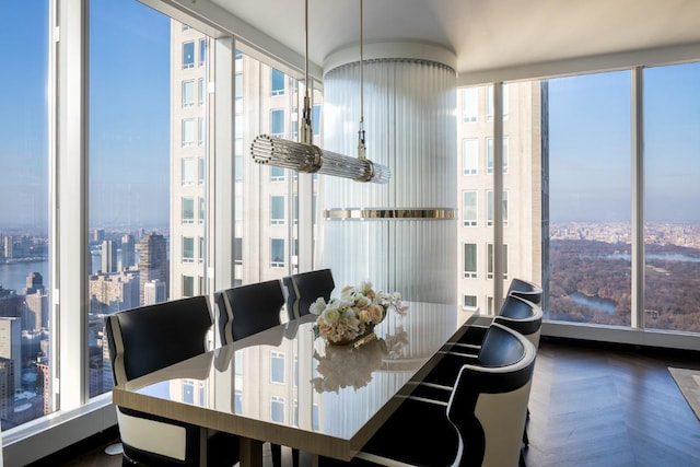 dining space featuring dark parquet floors