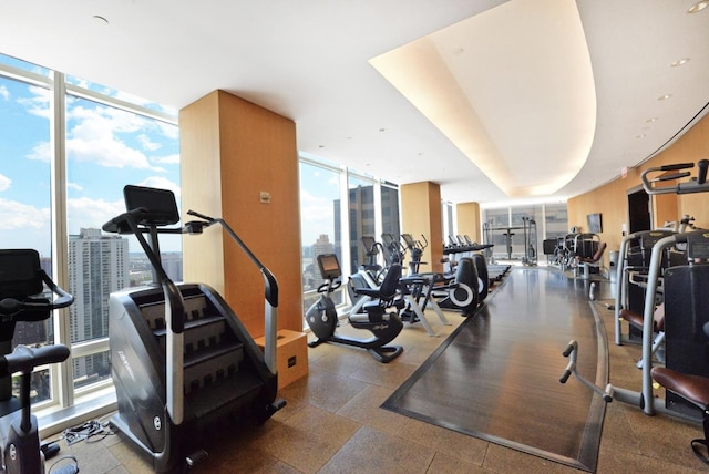 exercise room with floor to ceiling windows and a city view