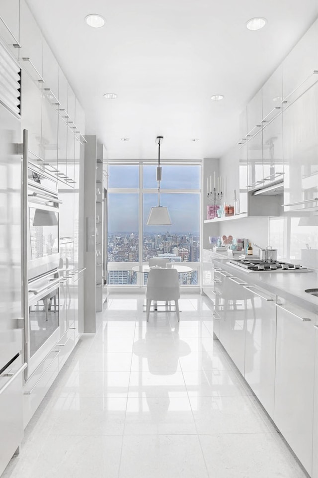 kitchen featuring light countertops, appliances with stainless steel finishes, white cabinets, modern cabinets, and a wall of windows